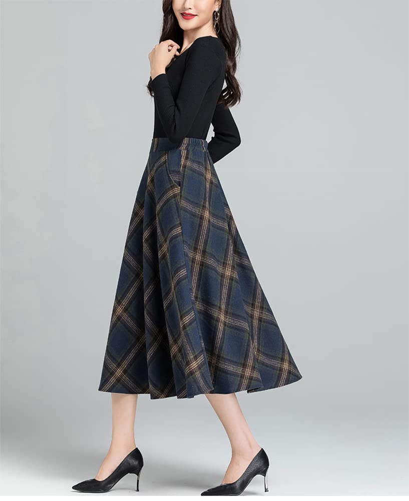 Jupe Longue Femme Hiver Élégant Laine Carreaux Haute Taille A-Ligne Automne Taille élastique Midi Jupe Plissée