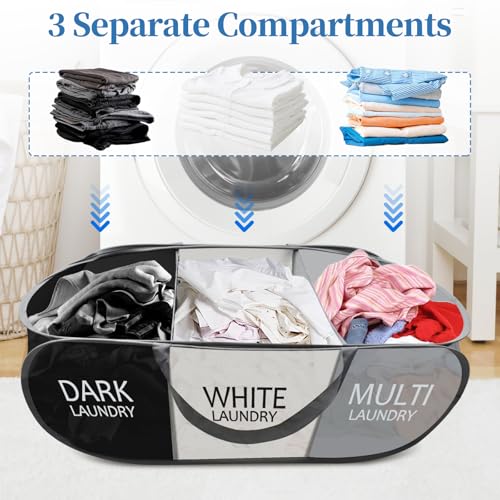 Yiomxhi Faltbar Wäschekorb mit 3 Fächer, 99L Pop Up Wäschesammler mit Henkel, Wäschetasche Groß Klappbarer Aufbewahrung Korb für Kleidung Spielzeug Waschküche Schlafzimmer Reisen