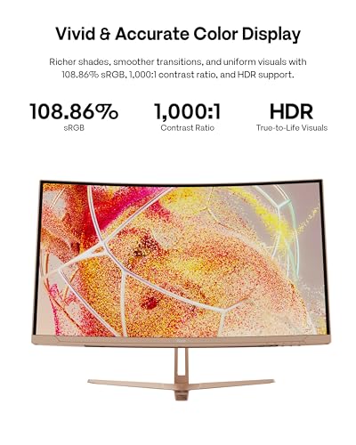 Image of Pixio PXC248WAVE Beige 24 inch 200Hz Refresh Rate FHD 1080p Resolution 1500R Curve Fast VA Panel 1ms GTG Response Time HDR Curved Gaming Monitor and PS1S Wave Blue Beige Monitor Arm