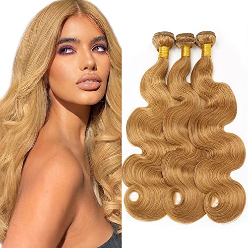 22 24 26 inch Honey Blonde Bundles 27 Human Hair Bundles Color 27 Body Wave 3 Bundles Unprocessed Brazilian Remy Blonde Hair Weave Double Weft Silky and Soft Hair Extensions