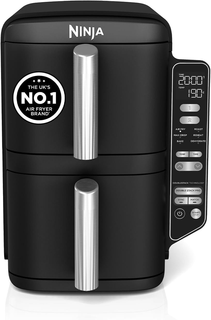 Ninja SL300UK - Freidora de aire vertical de doble cajón con 4 niveles de cocción, 2 cajones y 2 bastidores, diseño de ahorro de espacio, capacidad de 7.6 l, 6 funciones de cocción, 6 porciones, negro