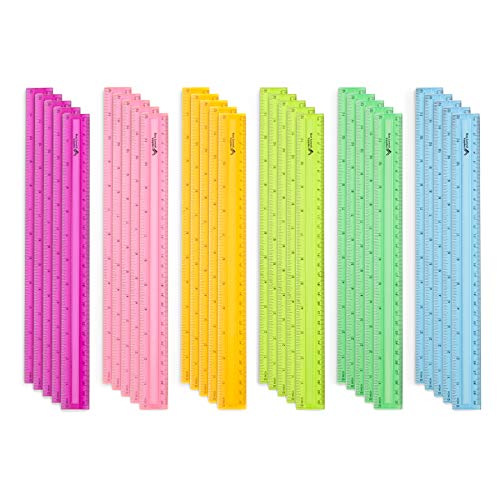 Blue Summit Supplies 30 Plastic Rulers Bulk for Classroom, Bulk Ruler 12 Inch for School, Home, or Office, Metric and Imperial, Clear Plastic Rulers 12 Inch, Assorted Colors