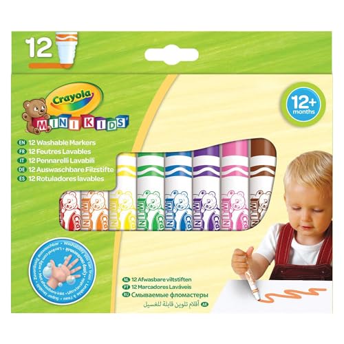 CRAYOLA - Mini Kids, Feutres super-lavables, 12 unités, pointe arrondie de sécurité, 12 mois, couleurs assorties, 8325