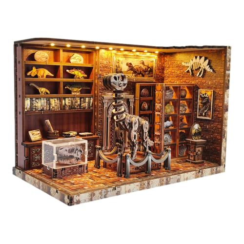 2026 3D Dinosaur Book Nook Kits LED Wood-en Dino Puzzle Gift for Adults Teens - DIY Miniature House Kit-Fossil Museum BookShelf Insert Room Decor Bday Present with LED Softer Light
