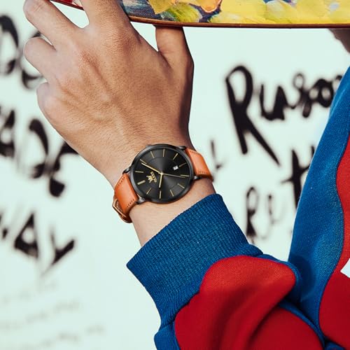 Image of OLEVS Mens Watches Minimalist Ultra Thin Fashion Casual Analog Quartz Date Watch Waterproof Slim Simple Big Face Dress Wrist Watch with Retro Leather Band for Men