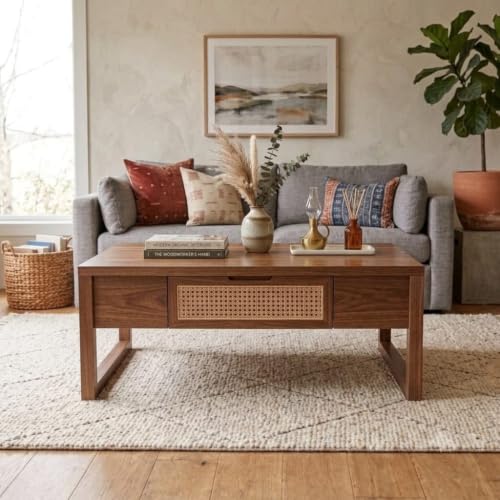 Image of Solid Sheesham Wood Coffee Table & Center Table for Living Room with Rattan Cane Lift-Down Shutter & Open Shelf, Solid Wooden Teapoy for Sofa with Storage Tea Table (E-Honey)