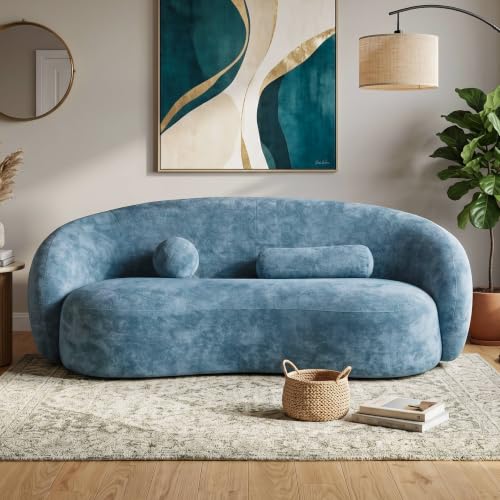 Image of Furniture of America Sylin Modern Chenille Sofa with Pillows, Curved Arms and High Density Foam, Wooden Comfortable Couch for Living Room, Office, Denim Blue