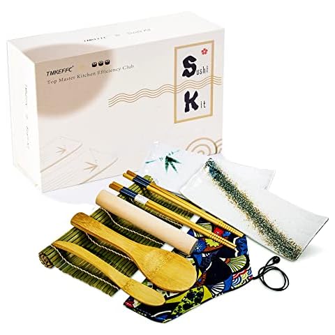 TMKEFFC Sushi Plate and Rolls Set, Sushi Making and Serving Kit, Including 2 Dishes, 1 Bamboo Sushi Rolling Mat, 2 Pairs of Chopsticks, 1 Paddle, 1 Spreader, Beginner Sushi Kit Cover