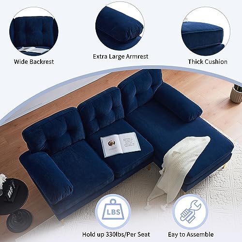 KIVENJAJA 83” L Shaped Sectional Couch, Mid Century Modern Velvet Small Sofa with Left Chaise & Tufted Backrest for Living Room Apartment Office, Blue