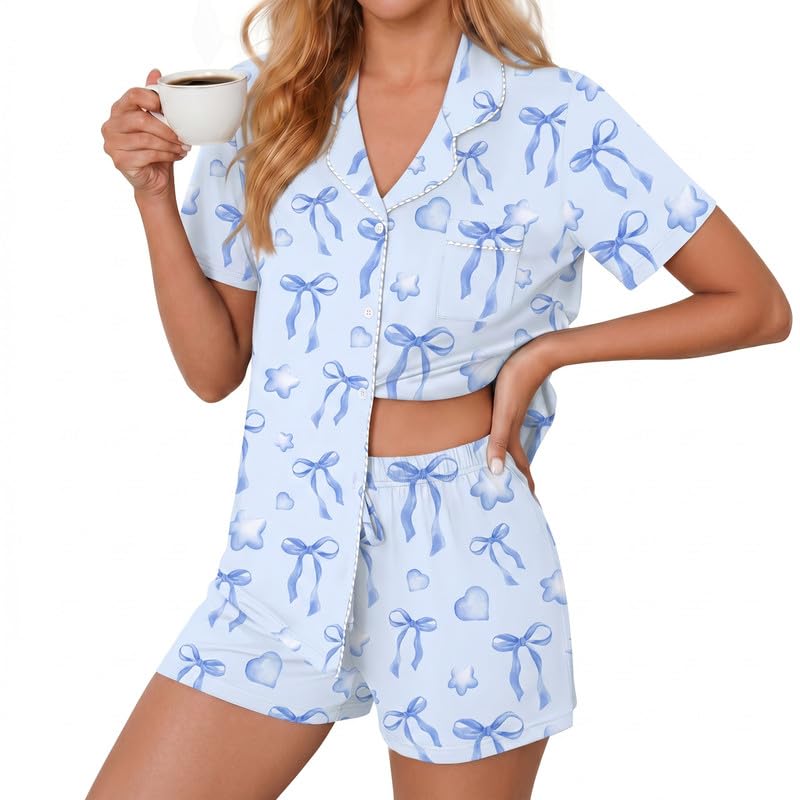 Image of Ekouaer Womens Pajamas Set Button Down Pjs Lounge Sets Short Sleeve Sleepwear Soft Loungewear Nigthwear