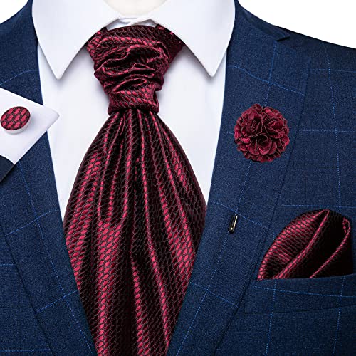 Image of DiBanGu Mens Silk Ascot Ties Paisley Jacquard Woven Cravat and Pocket Square Cufflinks with Lapel Pin for Business Wedding