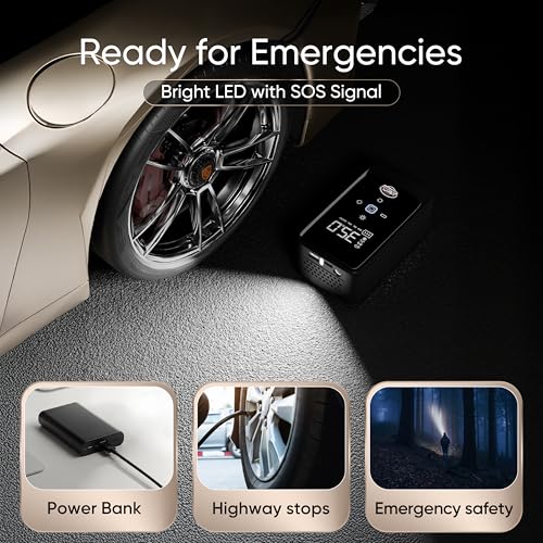 Image of PRIVON Portable Tyre Inflator for Car and Bike, Cycle | 4500mAh Cordless & 12V Car Socket Air Pump | 150 PSI Digital Display | LED Flashlight | Power Bank | Auto Shut Off | 18M Warranty (Tez 1.0)