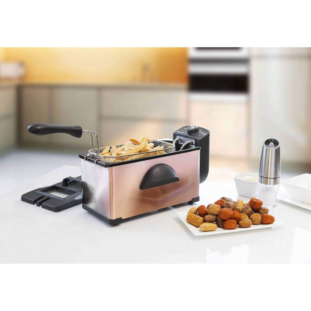 Bestron Friggitrice, friggitrice ad olio con tecnologia a zona fredda, 3,5 litri, con controllo della temperatura, lavabile in lavastoviglie, 2000 watt, colore: Rame