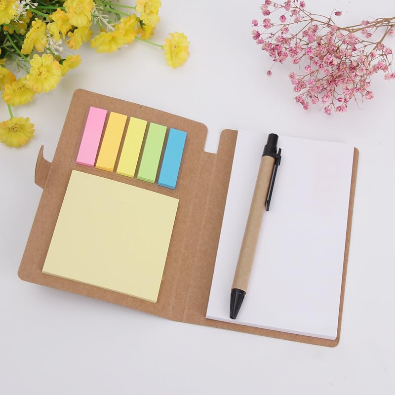 Image of AccuPrints Compact Sticky Notes Organizer with Pen Holder Kraft Paper Cover Colorful Sticky Tabs Button Closure 15.3x10cm