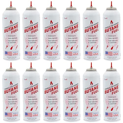 ZeroR® Butane Fuel Refill for Torch Lighters - Food-Safe & Triple-Filtered for Clean Burn - 100% Pure, Iso-Butane Refill for Torches, Kitchen & Refillable Lighters - 10.67 fl oz (315ml), 12 Cans