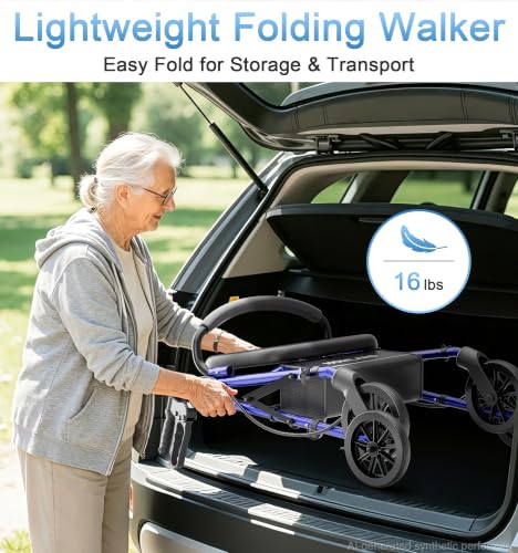 Image of HOMLAND Foldable Walkers for Seniors with Seat, 16lb Light Rollator Walkers | 22 inch Wide, 5-Level Height Adjustable, for Narrow Spaces, Comfortable Elastic Seat, Portable Rollator, Stylish Colors, Blue