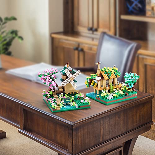 JXRLMB Botanicle Collection Sakura Tree House Micro Blocks Building Set for Adults Friendship Windmill Cherry Blossom Tree Flowers 2 Sets