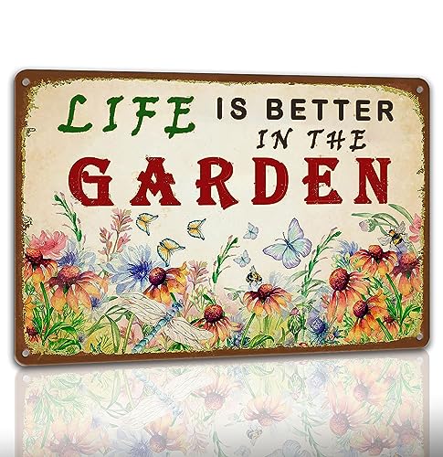 Panneau de jardin vintage en métal « Life Is Better In The Garden » - Panneau amusant de jardinage en métal - Décoration murale botanique - 20,3 x 30,5 cm