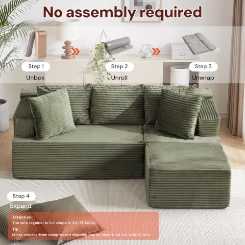Image of Korser Boneless Couches for Living Room, Cloud Couch Sectional with Ottoman, L-Shaped Sofa with Fluffy Comfy Corduroy Deep Seat, Bedroom, Apartment, No Assembly Required