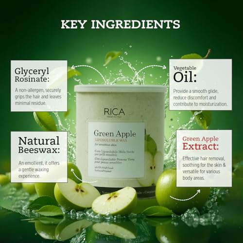 Image of Rica Green Apple Liposoluble Wax for Women Hair Removal Waxing | Painless Hair Removal for Sensitive Skin, Quick & Easy Tan Removal - 800 ml