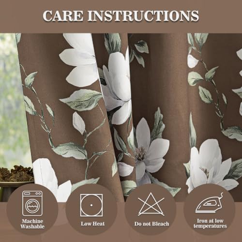 Image of MYSKY HOME Floral 95% Blackout Curtains 54 Inch Long 2 Panels Set for Kitchen White Flower Printed Thermal Insulated Light Blocking Black Out Grommet Window Treatments, 52 inch W Each Panel, Brown
