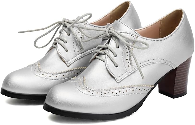Women's Lace Up Wingtip Oxford Pumps Brogues Perforated Chunky Block High Heel Vintage Dressy Shoes