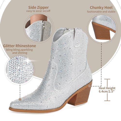 Seborluys Rhinestone Cowboy Ankle Boots for Women Sparkly Short Cowgirl Boots Pointed Toe Western Booties2