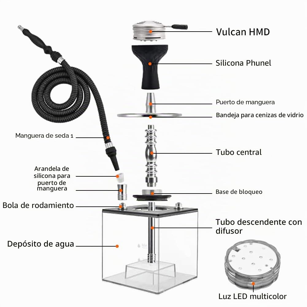 Juego de pipa de agua de acrílico cuadrado con luz LED, 1 manguera de acrílico y kit combinado con luces LED