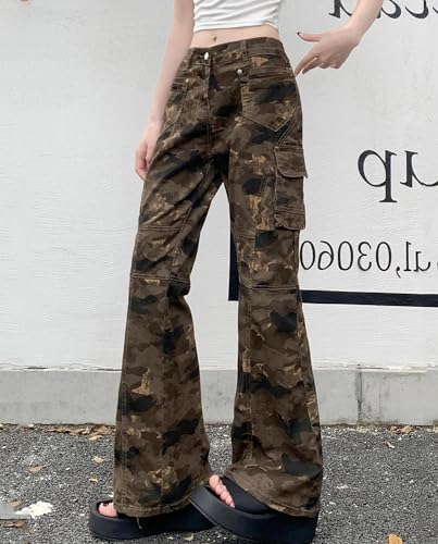 Camo Flare Jeans for Women Mid Rise Camouflage Bell Bottom Cargo Jeans Y2k Flap Pocket Wide Leg Denim Pants2
