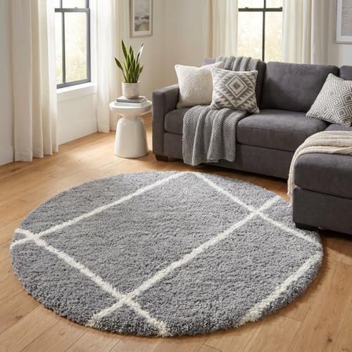 Image of Xenluxe Shaggy Polyester Microfiber Round Rug Carpet for Living Room | Ultra Soft Fluffy Plush Area Rug | Anti-Skid Non-Slip Backing | Washable Carpet for Bedroom- (5x5 feet, Silver Line, Round)