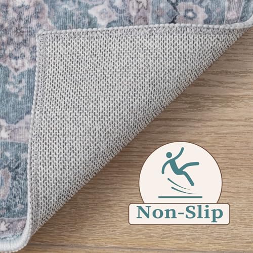 SERISSA Boho Area Rug 5x7 Blue Grey, Washable Large Rugs for Living Room, Ultra Soft Non-Slip Bedroom Rug Print Distressed Vintage Floral Carpet Rug for Dining Room Dorm Office Home Decor