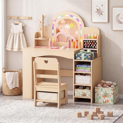 Image of HONEY JOY Kids Vanity, Wooden Girls Vanity Set with Lighted Mirror & Open Bookshelf, Ring Slot & Jewelry Storage, Toddler Makeup Vanity Desk Dressing Table, Kids Vanity Table and Chair Set (Natural)