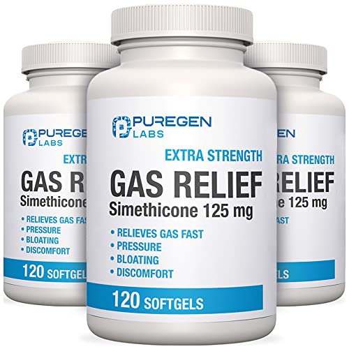 Image of Puregen Labs Extra Strength Gas Relief Softgels with Simethicone 125 mg | Fast Relieve of Pressure, Bloating and Painful Discomfort - 3 Pack | Total 360 Softgels