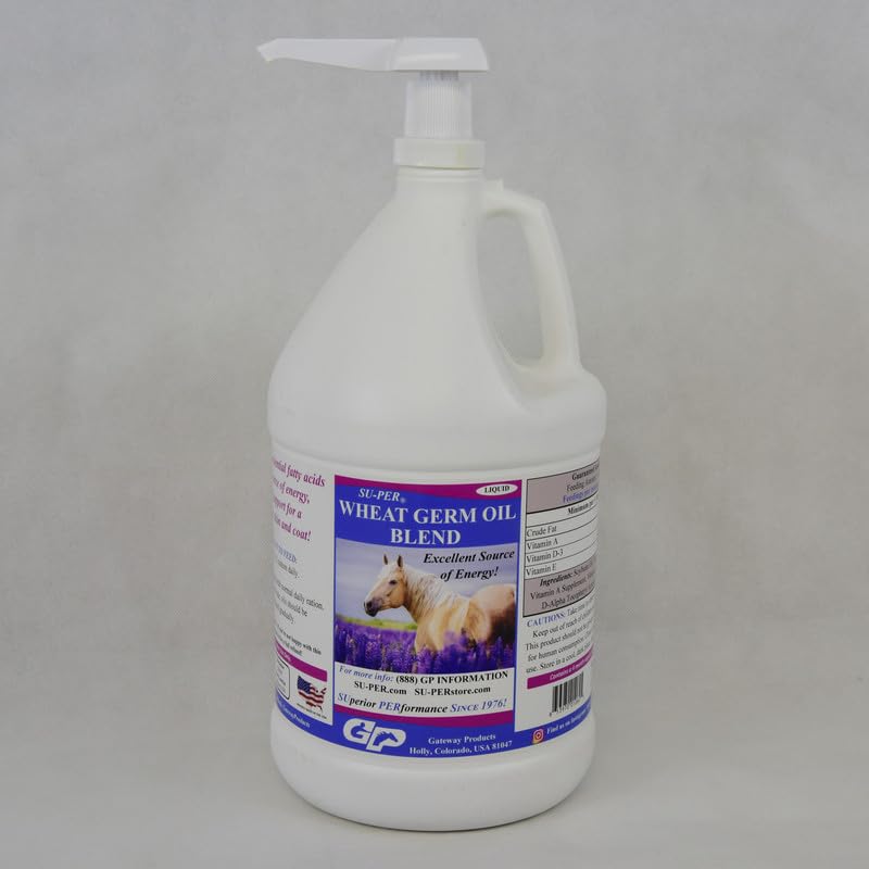 SU-PER Wheat Germ Oil Blend for Horses - Supports Energy, Endurance, Stamina, Healthy Skin and Coat - Essential Fatty Acids, Vitamins and Minerals - 1 Gallon + Pump, 4 Month Supply