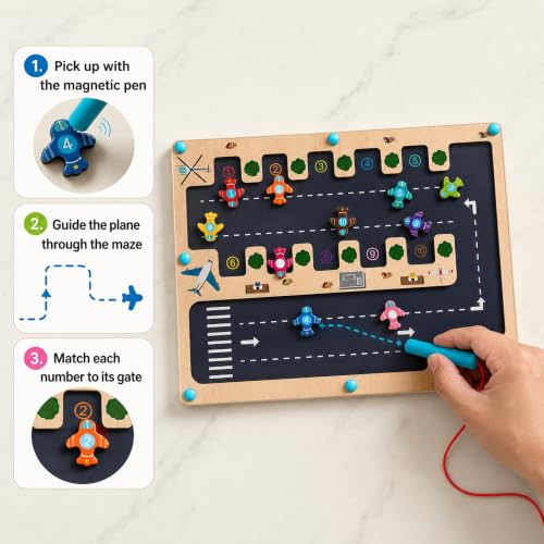 Image of Magnetic Number Maze Toy for Toddlers Ages 3-5, Wooden Airport Parking Puzzle with Magnetic Pen, Montessori Counting & Number Matching Learning Toy, Fine Motor Skills Activity for Boys Girls 3 4 5