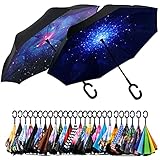 SIEPASA 49/56 Inch Inverted Reverse Upside Down Umbrella, Extra Large Double Canopy Vented Windproof Waterproof Stick Golf Umbrellas with C-shape Handle.(Galaxy & Starry,2 Pack, 49 Inch