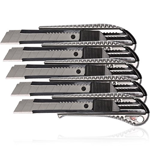 HSM Lot de 5 cutters en aluminium pour tapis et carton, couteaux de travail, couteaux de colis, couteaux tout usage pour lames sécables de 18 mm