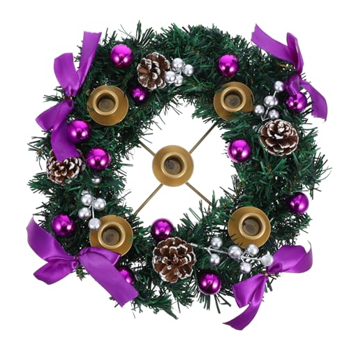 VALICLUD Christmas Advent Wreath Ring Holder with Purple Ribbons Rustic Candlestick Decoration Featuring Glitter Berries for Holiday Home Decor Sturdy and Construction for Elegant