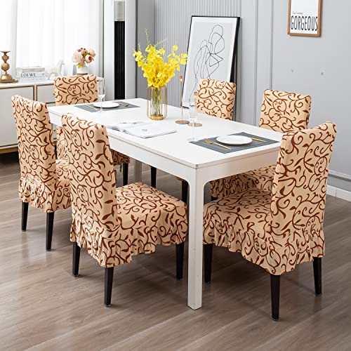 Image of HOKIPO Dining Chair Protector Cover Set Of 6 Elastic Slip Covers (AR-4091-D6*6),Beige