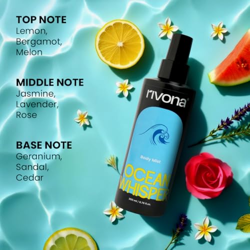 Image of Rivona Ocean Whisper Body Mist | Aquatic & Fresh Long Lasting Body Spray for Women & Men | Lemon, Jasmine & Sandalwood | Unisex Daily Mist | 200ml