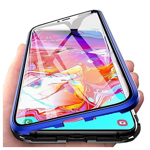 Funda para Samsung Galaxy A70 Adsorcion Magnetica Carcasa 360 Grados Protección Estuche Doble Untre Delgada Háptico Vidrio Templado Marco Aluminio Anti Choque Metal Flip Cover