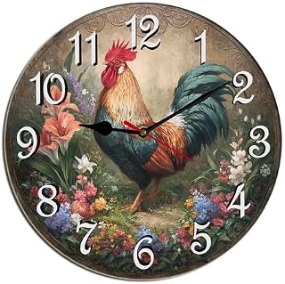 Funny Rooster Wall Clock Chicken Animal Wooden Xmas New Year Decorative Wooden Battery Operated Quartz Silent Hanging Clock for Bedroom Living Room Coffee Bar Round 10"