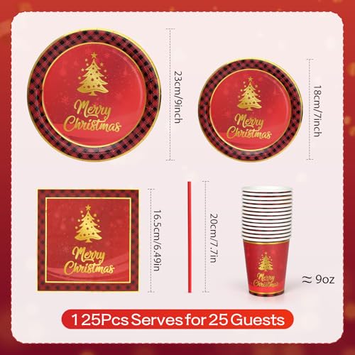 125 PCS Christmas Paper Plates and Cups Party Supplies, Red Christmas Tree Party Paper Plates and Cups, Disposable Tableware Set, Serve for 25 Guests – Image 4