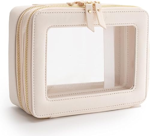 Miniatura 9 de Bolsa de maquillaje transparente con cremallera y asa, bolsa de viaje transparente portátil para mujeres y hombres, Blanco sucio, Moda