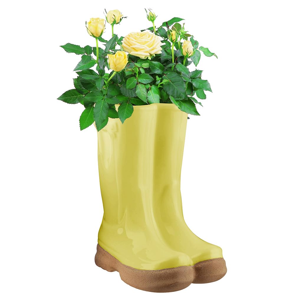 Dibor Large Yellow Ceramic Double Wellington Boot Shaped Indoor/Outdoor Plant Pot Wedding Anniversary Fathers Day Gardening Gift — image 1