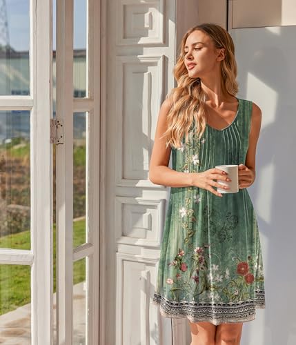 Image of Ekouaer Nightgowns for Women Sleeveless Sleep Shirt Tank Night Gown V Neck Chemise Pleated Night Shirt Soft Sleep Dress