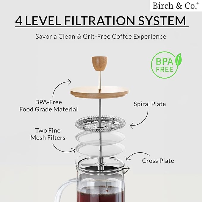 Image of French Press Coffee Maker 34 Ounce, Cold Brew Coffee Maker, Stainless Steel French Press Glass, Heat-resistant Thickened Borosilicate Glass, Eco-friendly Bamboo lid, Cork Base