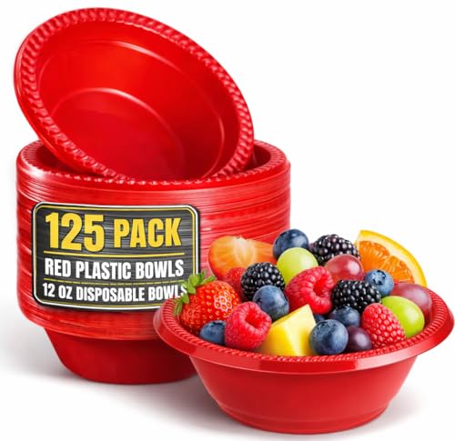 1InTheHome Red Plastic Bowls 12 Oz Disposable Party Bowls - Red Soup Bowls (125 Pack)