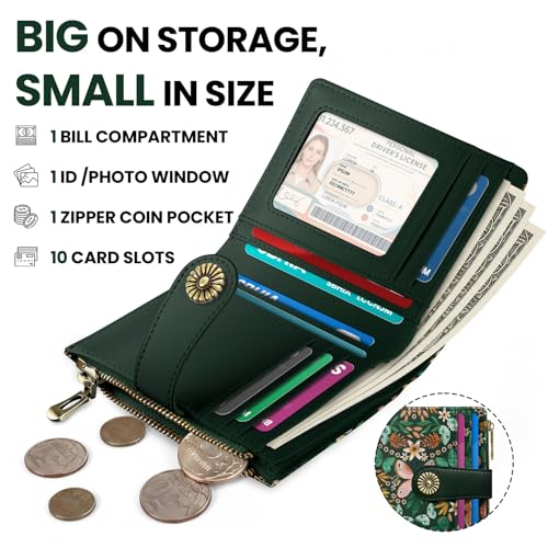 Image of Small Wallet for Women, RFID Blocking Bifold Card Holder Wallet with 10 Card Slots, Cash Compartment, Zipper Coin Pocket & ID Window, Cute Soft Vegan Leather Compact Wallet, Butterfly