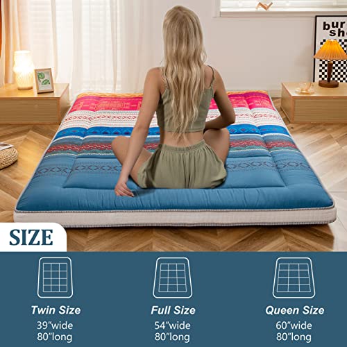 Higogogo Japanese Floor Mattress For Adults, 4" Thick Foldable Futon Mattress For Floor, Korean Roll Up Sleeping Pads, Portable Folding Foam Floor Bed Tatami Mat, Shikibuton For Guest, Bohemian, Full #TOP4
